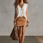 Western Retro Frayed Camel Denim Mini Skirt And Shorts