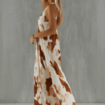 Vintage Brown Cow Print White Chiffon Sleeveless Maxi Dress