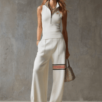 Sporty Retro White Striped Embroidered Sleeveless Vest And Wide-Leg Pants Set