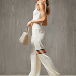 Sporty Retro White Striped Embroidered Sleeveless Vest And Wide-Leg Pants Set