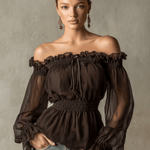 Fashionable Retro Ruffled Brown Off-shoulder Chiffon Blouse