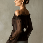Fashionable Retro Ruffled Brown Off-shoulder Chiffon Blouse