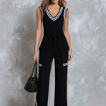 Retro Casual Sporty Color-blocked Black Sleeveless V-neck Cotton Jumpsuit