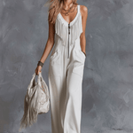 Casual Retro Western V-Neck And Fringe White Faux Suede Jumpsuit