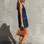 Casual Retro Color-blocked Trim Blue Sleeveless Round Neck Cotton Linen Mini Dress