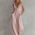 Casual Retro Ruffled Pink Sleeveless V-neck Button Cotton And Linen Jumpsuit