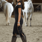 Western-style Retro Floral Embroidered Tassel Black Faux Suede Sleeveless Midi Dress