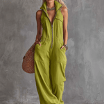 Casual Retro Western Collar Front Zipper Bright Green Cotton Linen Jumpsuit