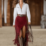 Western Retro Red Faux Suede Slit Fringe Midi Skirt