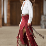 Western Retro Red Faux Suede Slit Fringe Midi Skirt