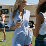 Retro-style Color-blocked Trim Blue Striped Long-sleeved Collared Cotton Mini Dress