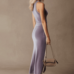 Stylish And Elegant Purple Sleeveless High-slit Velvet Midi Dress