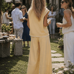 Retro-Casual Sports Light Yellow Cotton Crew-Neck Top And Cropped Pants Set