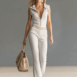 Retro Sporty Vacation Hooded Zipper V-neck Off-white Knitted Jumpsuit