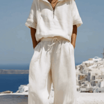 Vacation Retro White Cotton Linen Short-Sleeve Hooded Top And Balloon Pants Set