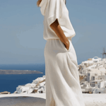Vacation Retro White Cotton Linen Short-Sleeve Hooded Top And Balloon Pants Set
