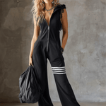 Sporty Retro Lace Striped Black Sleeveless Hooded Jumpsuit