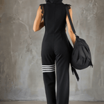 Sporty Retro Lace Striped Black Sleeveless Hooded Jumpsuit