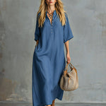 Retro Blue Tencel Denim Short-sleeved Maxi Dress