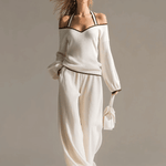 Elegant Color-blocked White Halter-neck Long-sleeved Knit Top And Pants Set