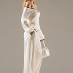 Elegant Color-blocked White Halter-neck Long-sleeved Knit Top And Pants Set