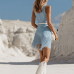 Western Bohemian Tassel Light Blue Faux Suede Sleeveless Mini Dress