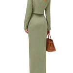 Elegant Green Long Sleeves Split Jacket & Skirt Set
