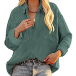 Nadorine Women's Corduroy Tops for Women Lapel V Neck Shirts Long Sleeve Blouses Casual Sweatsuit with Pockets