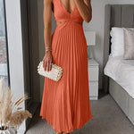 7 Colors Chicest V Neck Cut Out Waist Sleeveless Pleated Maxi Dress