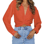 Zeagoo Women's V Neck Twist Hem Blouse Long Sleeve Crop Top Casual Button Shirts