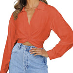 Zeagoo Women's V Neck Twist Hem Blouse Long Sleeve Crop Top Casual Button Shirts