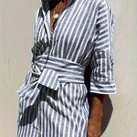 CHRISTINE | STRIPED PRINT DRESS WITH BUTTON CLOSURE AND BELT
