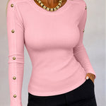 Women's Gold Studded Long Sleeve Rib-Knit T-Shirt Slim Fit Round Neck Top