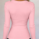 Women's Gold Studded Long Sleeve Rib-Knit T-Shirt Slim Fit Round Neck Top