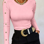 Women's Gold Studded Long Sleeve Rib-Knit T-Shirt Slim Fit Round Neck Top