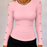 Women's Gold Studded Long Sleeve Rib-Knit T-Shirt Slim Fit Round Neck Top