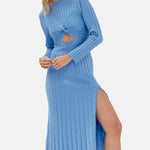 Women's Sweater Dress Twist Front Cutout Long Sleeve Bodycon Slim Fit Knit Ribbed Midi Dress with Slit