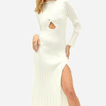 Women's Sweater Dress Twist Front Cutout Long Sleeve Bodycon Slim Fit Knit Ribbed Midi Dress with Slit