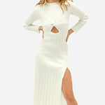 Women's Sweater Dress Twist Front Cutout Long Sleeve Bodycon Slim Fit Knit Ribbed Midi Dress with Slit
