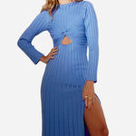 Women's Sweater Dress Twist Front Cutout Long Sleeve Bodycon Slim Fit Knit Ribbed Midi Dress with Slit