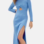 Women's Sweater Dress Twist Front Cutout Long Sleeve Bodycon Slim Fit Knit Ribbed Midi Dress with Slit