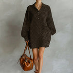 Women's Fashionable Brown Leopard Print Loose Open Neckline Long Sleeve Dress