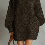 Women's Fashionable Brown Leopard Print Loose Open Neckline Long Sleeve Dress