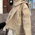 Women's Thickened Loose Woolen Coat with Fringed Scarf
