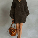 Women's Fashionable Brown Leopard Print Loose Open Neckline Long Sleeve Dress