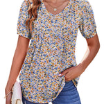 Nadorine Puff Short Sleeve Boho V Neck Floral Blouse
