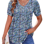 Nadorine Puff Short Sleeve Boho V Neck Floral Blouse