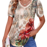 Nadorine Puff Short Sleeve Boho V Neck Floral Blouse