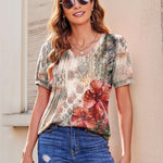 Nadorine Puff Short Sleeve Boho V Neck Floral Blouse