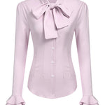 Women Bow Tie Neck Blouses Ruffle Long Sleeve Shirts Button-Down Office Work Casual Tops XS-3XL - Nadorine (Us Only)
